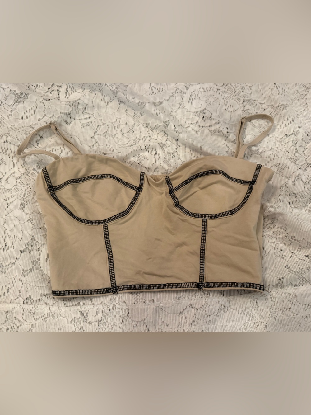 Princess Polly Beige Bustier Top with Black Contrast Stitch